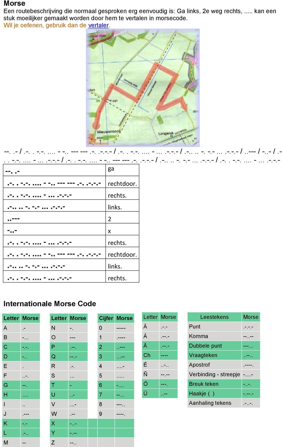 -.. -.-.... - -.. --- ---.-..-.-.- rechtdoor..-.. -.-.... -....-.-.- rechts..-.... -. -.-....-.-.- links...--- 2 -..- x.-.. -.-.... -....-.-.- rechts..-.. -.-.... - -.. --- ---.-..-.-.- rechtdoor..-.... -. -.-....-.-.- links..-.. -.-.... -....-.-.- rechts. Internationale Morse Code Letter Morse Letter Morse Cijfer Morse A.