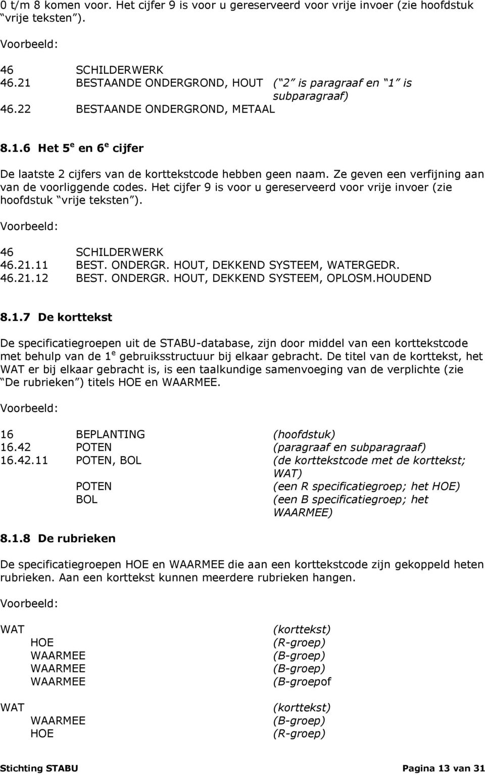 Het cijfer 9 is voor u gereserveerd voor vrije invoer (zie hoofdstuk vrije teksten ). 46 SCHILDERWERK 46.21.11 BEST. ONDERGR. HOUT, DEKKEND SYSTEEM, WATERGEDR. 46.21.12 BEST. ONDERGR. HOUT, DEKKEND SYSTEEM, OPLOSM.