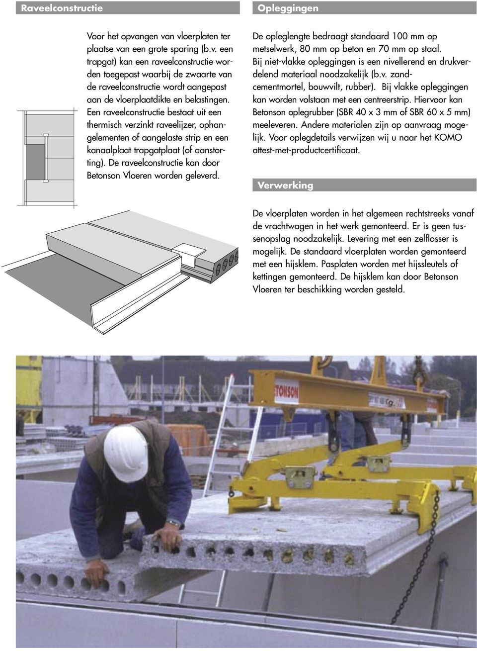 De raveelconstructie kan door Betonson Vloeren worden geleverd. De opleglengte bedraagt standaard 100 mm op metselwerk, 80 mm op beton en 70 mm op staal.