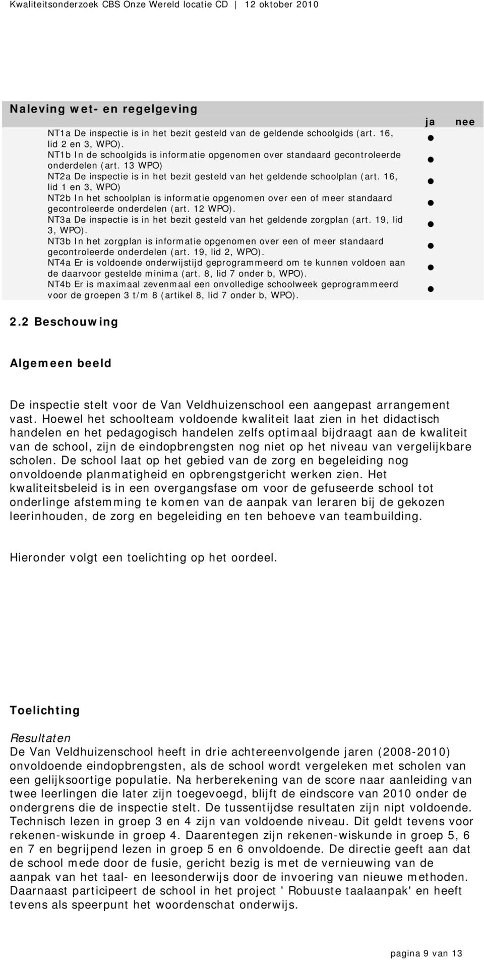 16, lid 1 en 3, WPO) NT2b In het schoolplan is informatie opgenomen over een of meer standaard gecontroleerde onderdelen (art. 12 WPO).