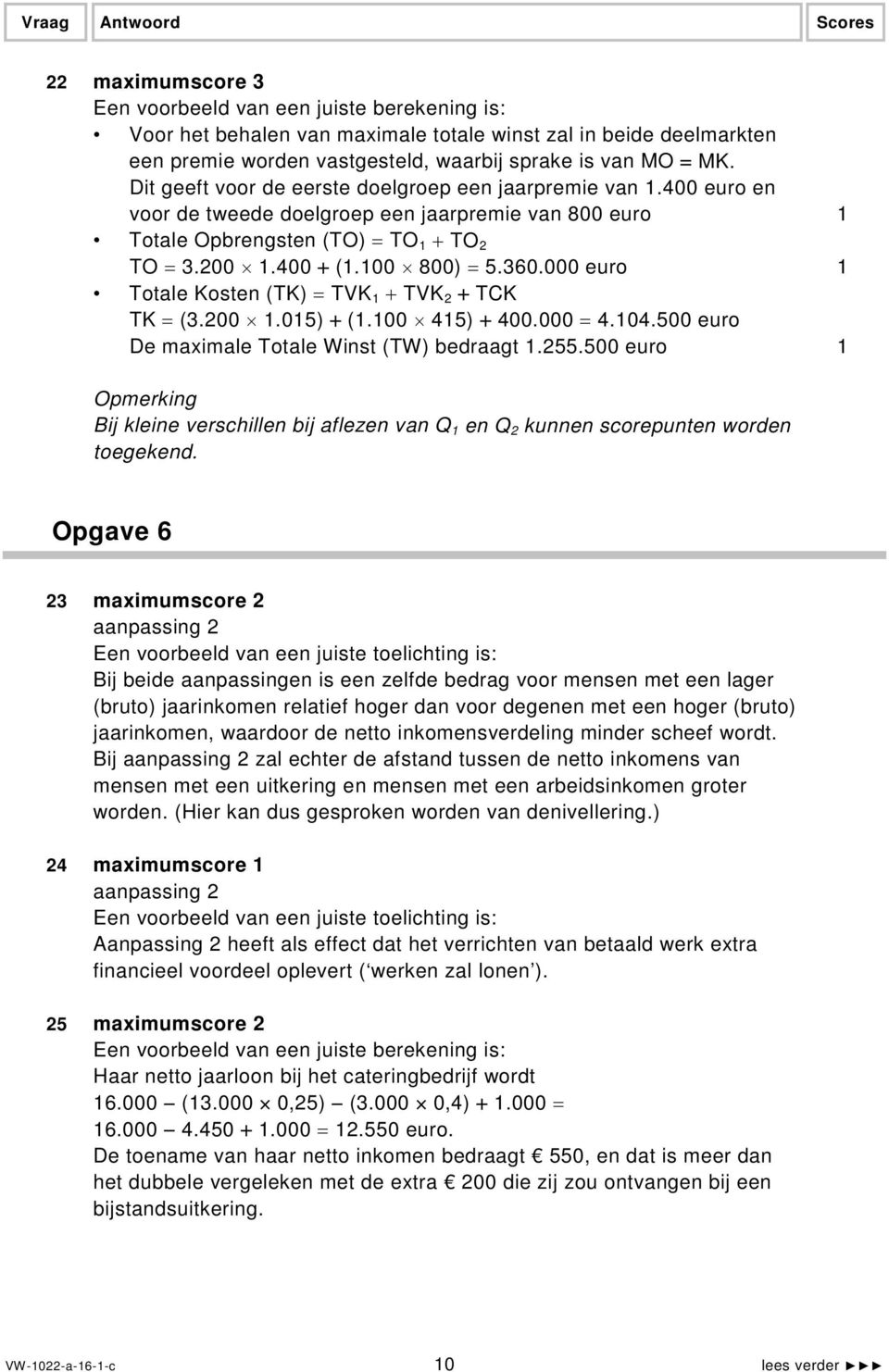 000 euro 1 Totale Kosten (TK) = TVK 1 + TVK 2 + TCK TK = (3.200 1.015) + (1.100 415) + 400.000 = 4.104.500 euro De maximale Totale Winst (TW) bedraagt 1.255.