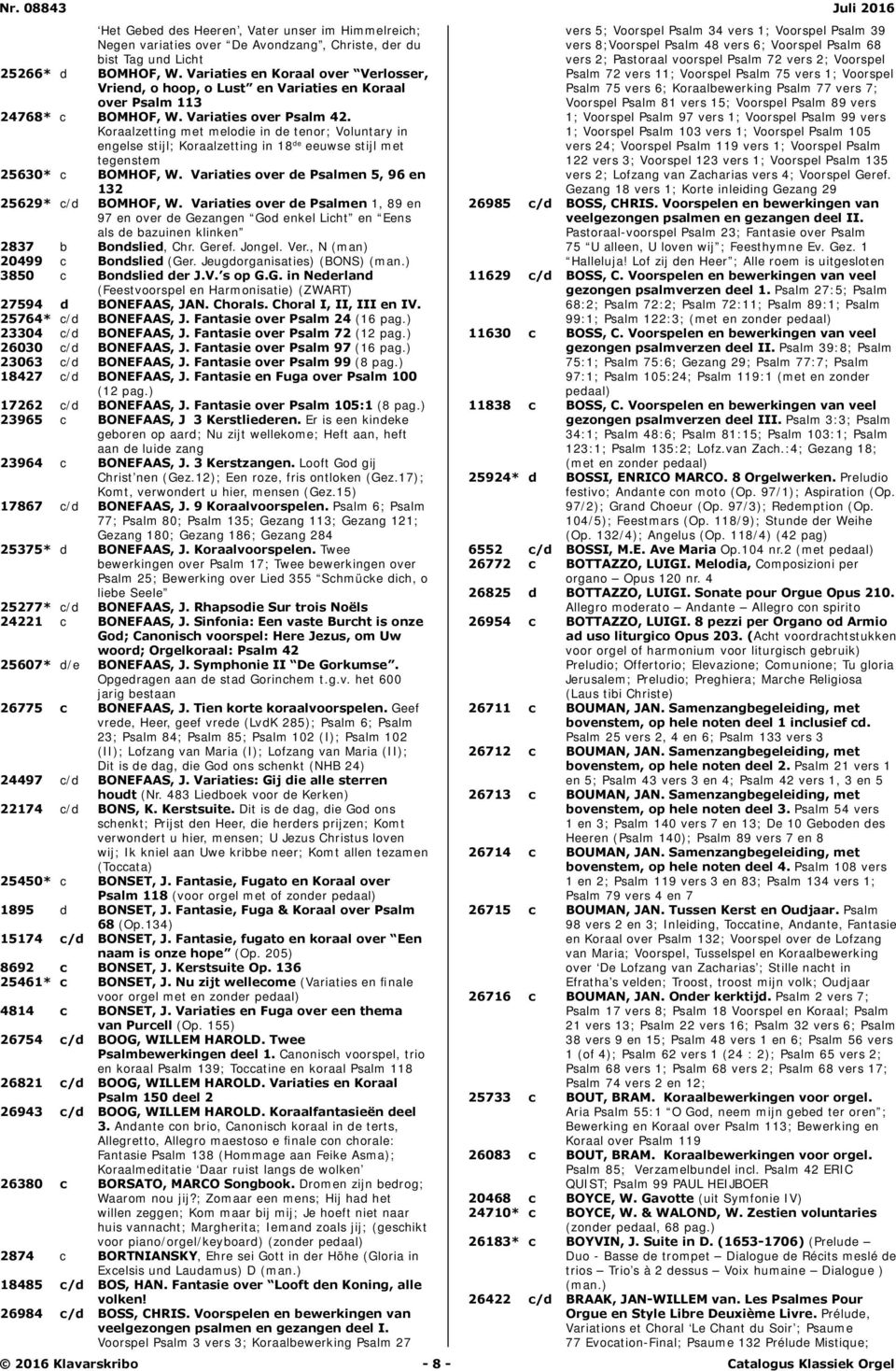 Koraalzetting met melodie in de tenor; Voluntary in engelse stijl; Koraalzetting in 18 de eeuwse stijl met tegenstem 25630* c BOMHOF, W. Variaties over de Psalmen 5, 96 en 132 25629* c/d BOMHOF, W.