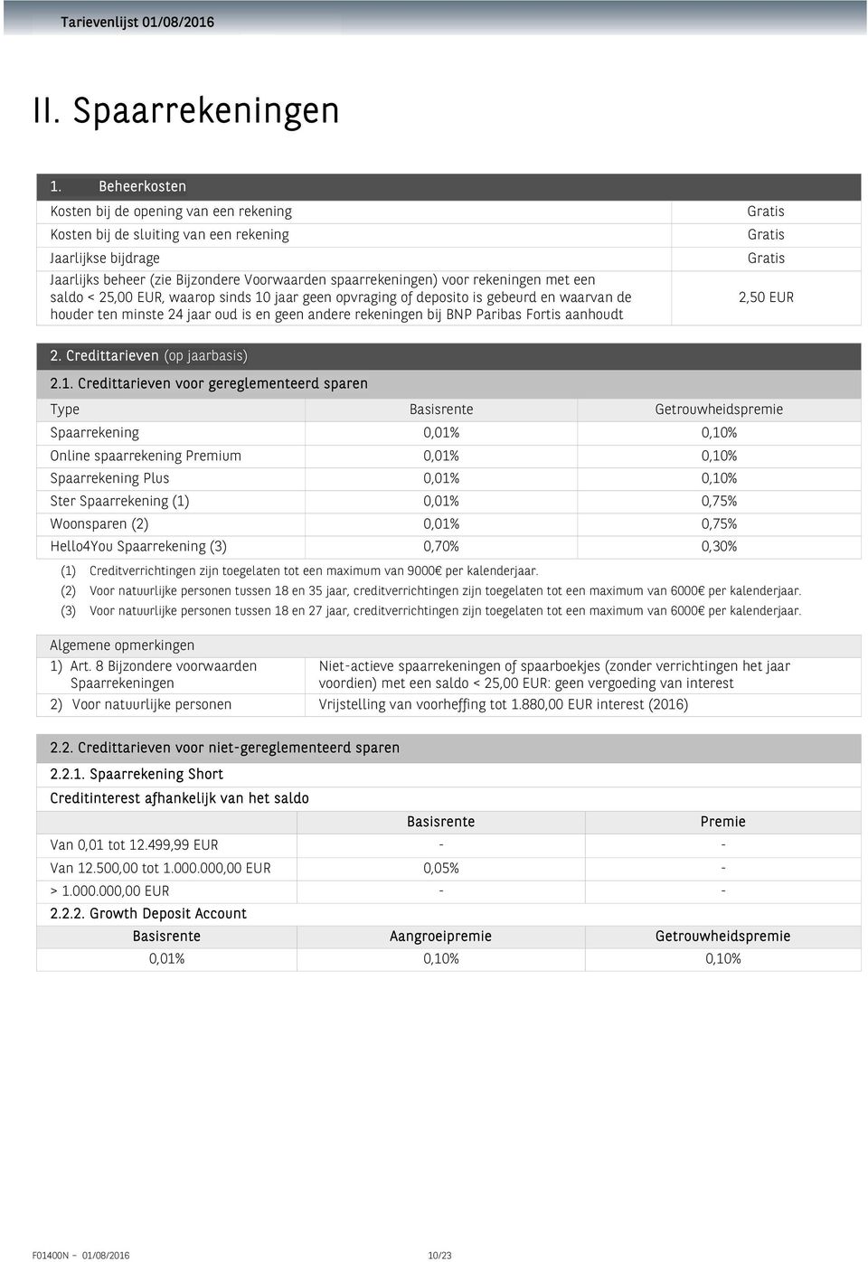 saldo < 25,00 EUR, waarop sinds 10 jaar geen opvraging of deposito is gebeurd en waarvan de houder ten minste 24 jaar oud is en geen andere rekeningen bij BNP Paribas Fortis aanhoudt 2,50 EUR 2.