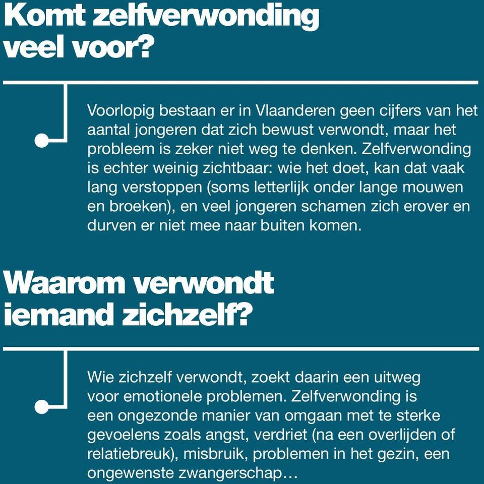 Zelfverwonding is echter weinig zichtbaar: wie het doet, kan dat vaak lang verstoppen (soms letterlijk onder lange mouwen en broeken), en veel jongeren schamen zich erover