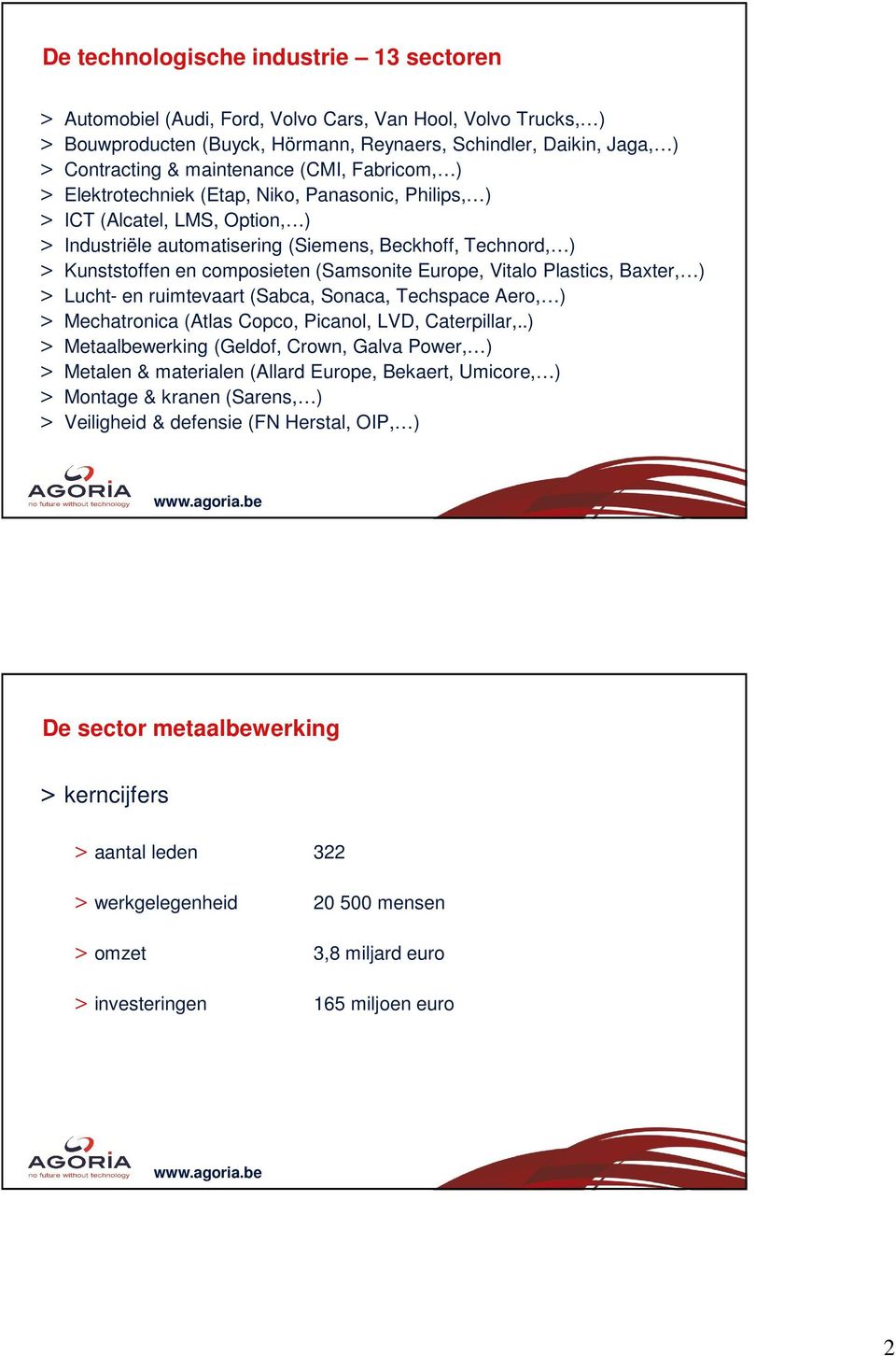 composieten (Samsonite Europe, Vitalo Plastics, Baxter, ) > Lucht- en ruimtevaart (Sabca, Sonaca, Techspace Aero, ) > Mechatronica (Atlas Copco, Picanol, LVD, Caterpillar,.