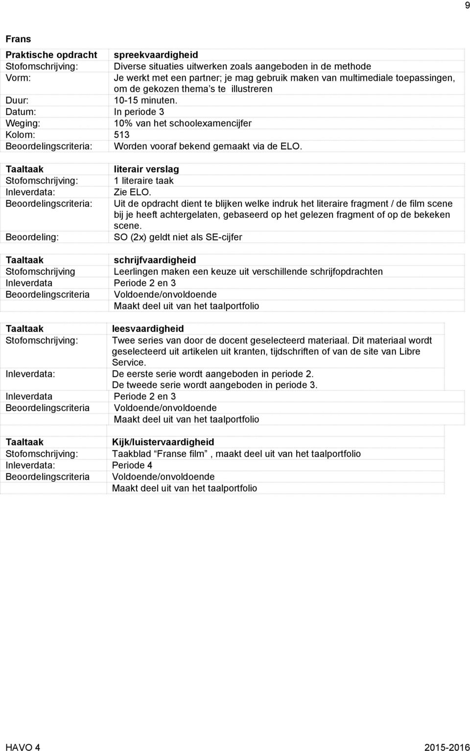 Taaltaak Stofomschrijving: Inleverdata: Beoordelingscriteria: Beoordeling: literair verslag 1 literaire taak Zie ELO.