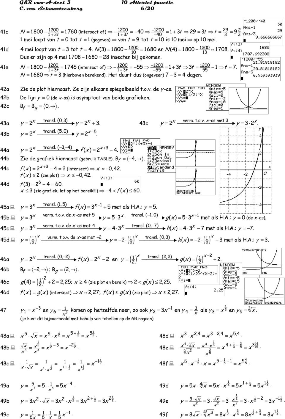 a b Zie de plo hiernaas. Ze zijn elkaars spieelbeeld.o.v. de y -as. De lijn y = 0 (de -as) is asympoo van beide raieken. c B = B = 0,. a b ransl. (0,) y = y = +. c ransl. (, 0) y = y =. verm..o.v. -as me y = y =.