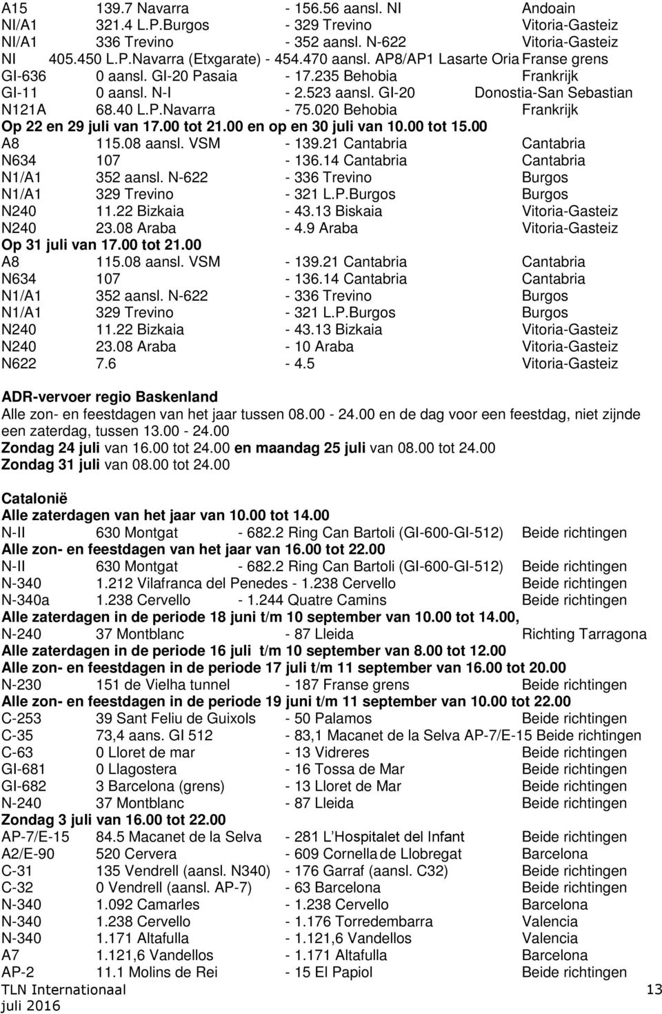 020 Behobia Frankrijk Op 22 en 29 juli van 17.00 tot 21.00 en op en 30 juli van 10.00 tot 15.00 A8 115.08 aansl. VSM - 139.21 Cantabria Cantabria N634 107-136.14 Cantabria Cantabria N1/A1 352 aansl.