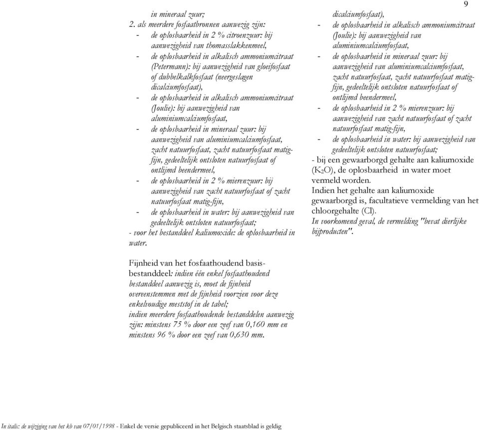 van gloeifosfaat of dubbelkalkfosfaat (neergeslagen dicalciumfosfaat), - de oplosbaarheid in alkalisch ammoniumcitraat (Joulie): bij aanwezigheid van aluminiumcalciumfosfaat, - de oplosbaarheid in