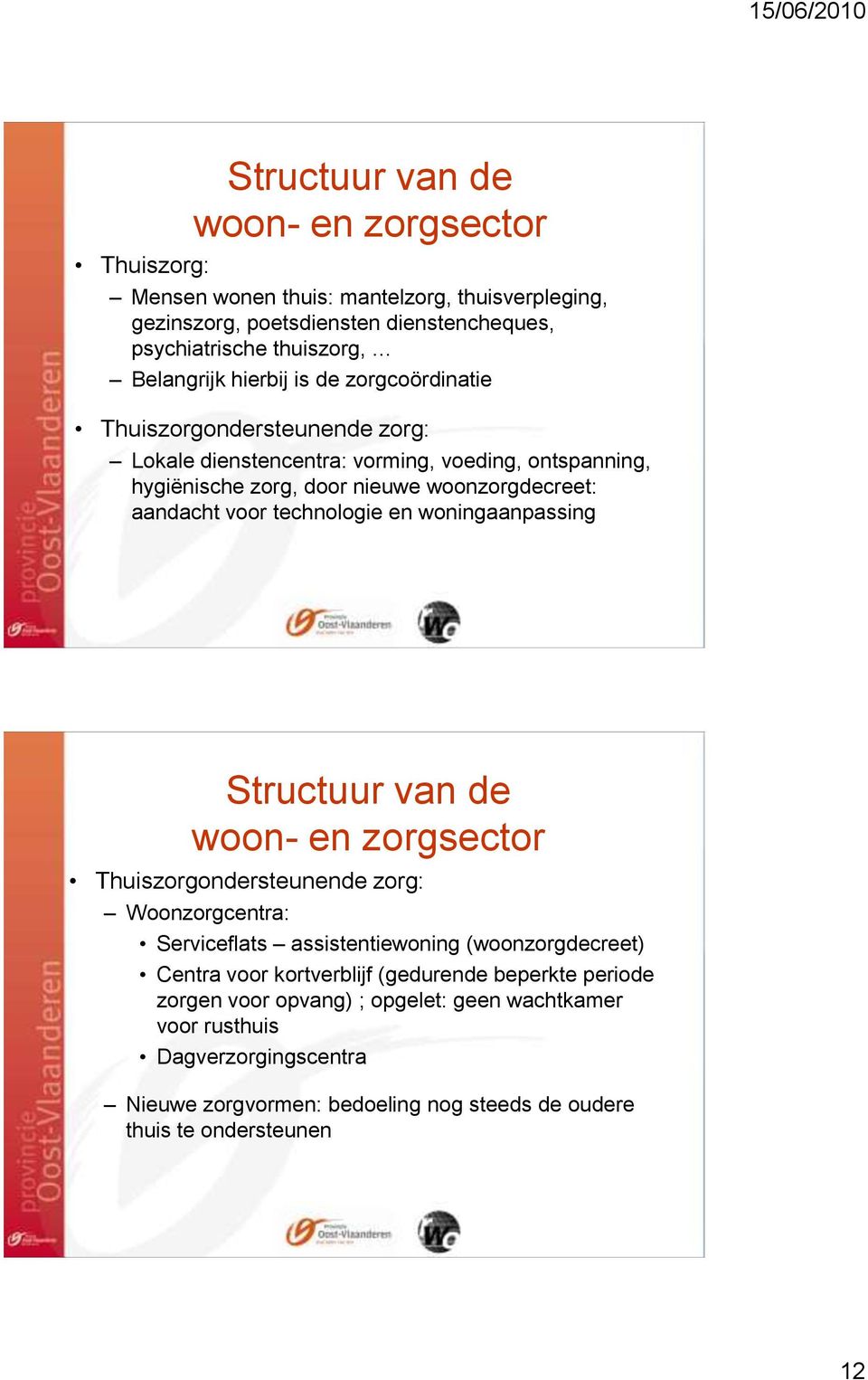 technologie en woningaanpassing Structuur van de woon- en zorgsector Thuiszorgondersteunende zorg: Woonzorgcentra: Serviceflats assistentiewoning (woonzorgdecreet) Centra voor