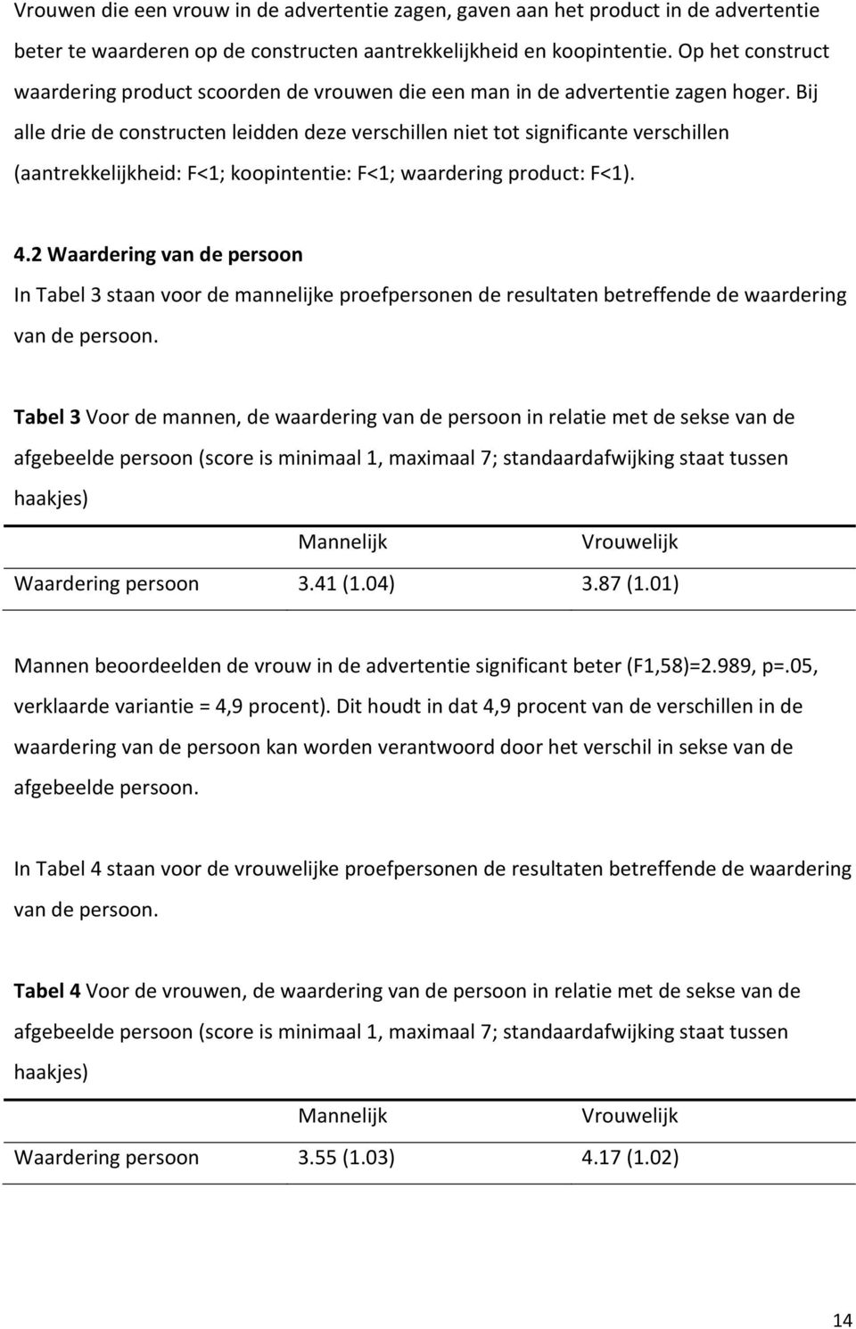 Bij alle drie de constructen leidden deze verschillen niet tot significante verschillen (aantrekkelijkheid: F<1; koopintentie: F<1; waardering product: F<1). 4.