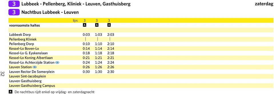 Eyskenslaan 0:18 1:18 2:18 Kessel-Lo Koning Albertlaan 0:21 1:21 2:21 Kessel-Lo Achterzijde Station ~ 0:24 1:24 2:24 Leuven Station ~ 0:26