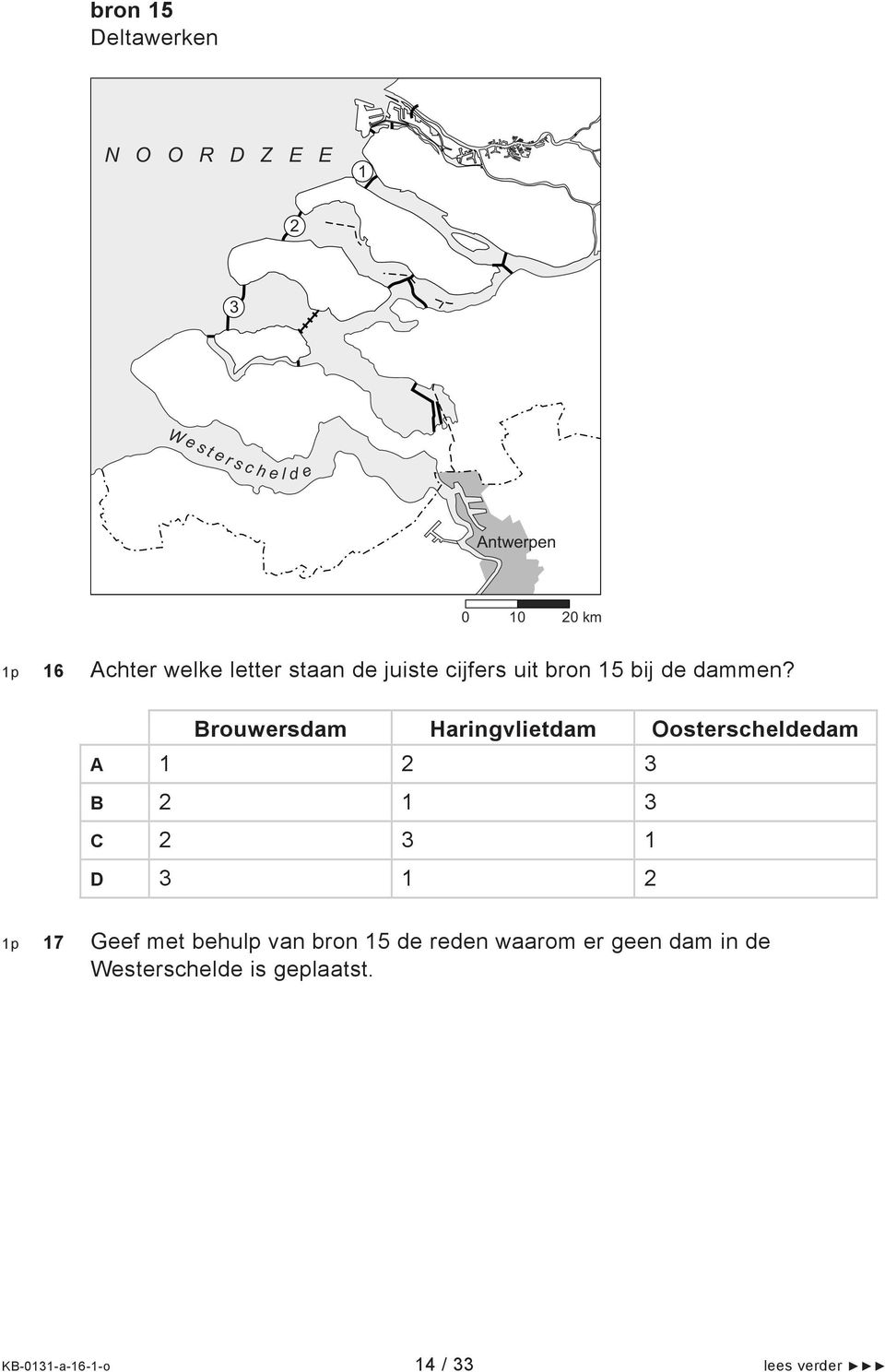 Brouwersdam Haringvlietdam Oosterscheldedam A 1 2 3 B 2 1 3 C 2 3 1 D 3 1 2 1p 17 Geef met