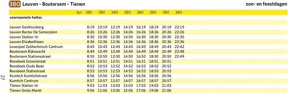 18:43 20:43 22:42 Boutersem Rijkswacht 8:49 10:49 12:49 14:49 16:49 18:49 20:49 22:48 Boutersem Stationsstraat 8:50 10:50 12:50 14:50 16:50 18:50 20:50 22:49 Roosbeek Groenstraat 8:51 10:51 12:51