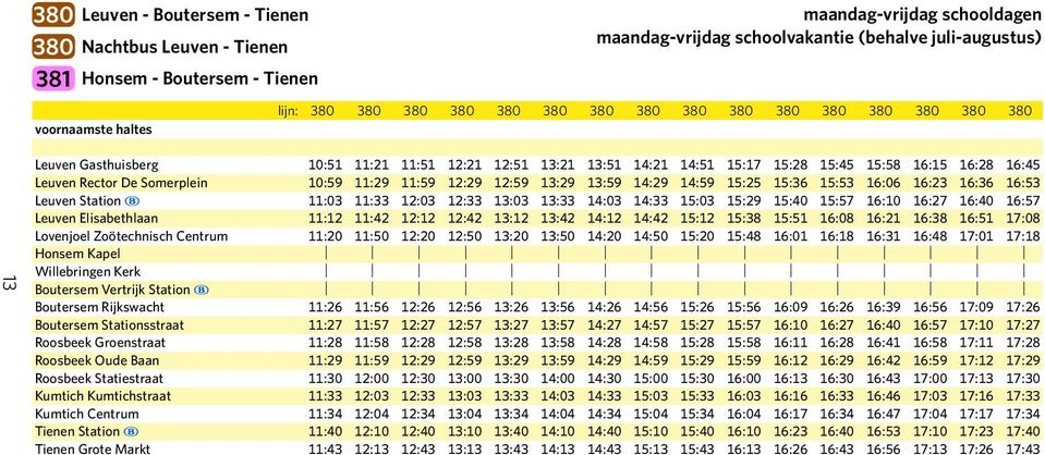 13:59 14:29 14:59 15:25 15:36 15:53 16:06 16:23 16:36 16:53 Leuven Station ~ 11:03 11:33 12:03 12:33 13:03 13:33 14:03 14:33 15:03 15:29 15:40 15:57 16:10 16:27 16:40 16:57 Leuven Elisabethlaan 11:12