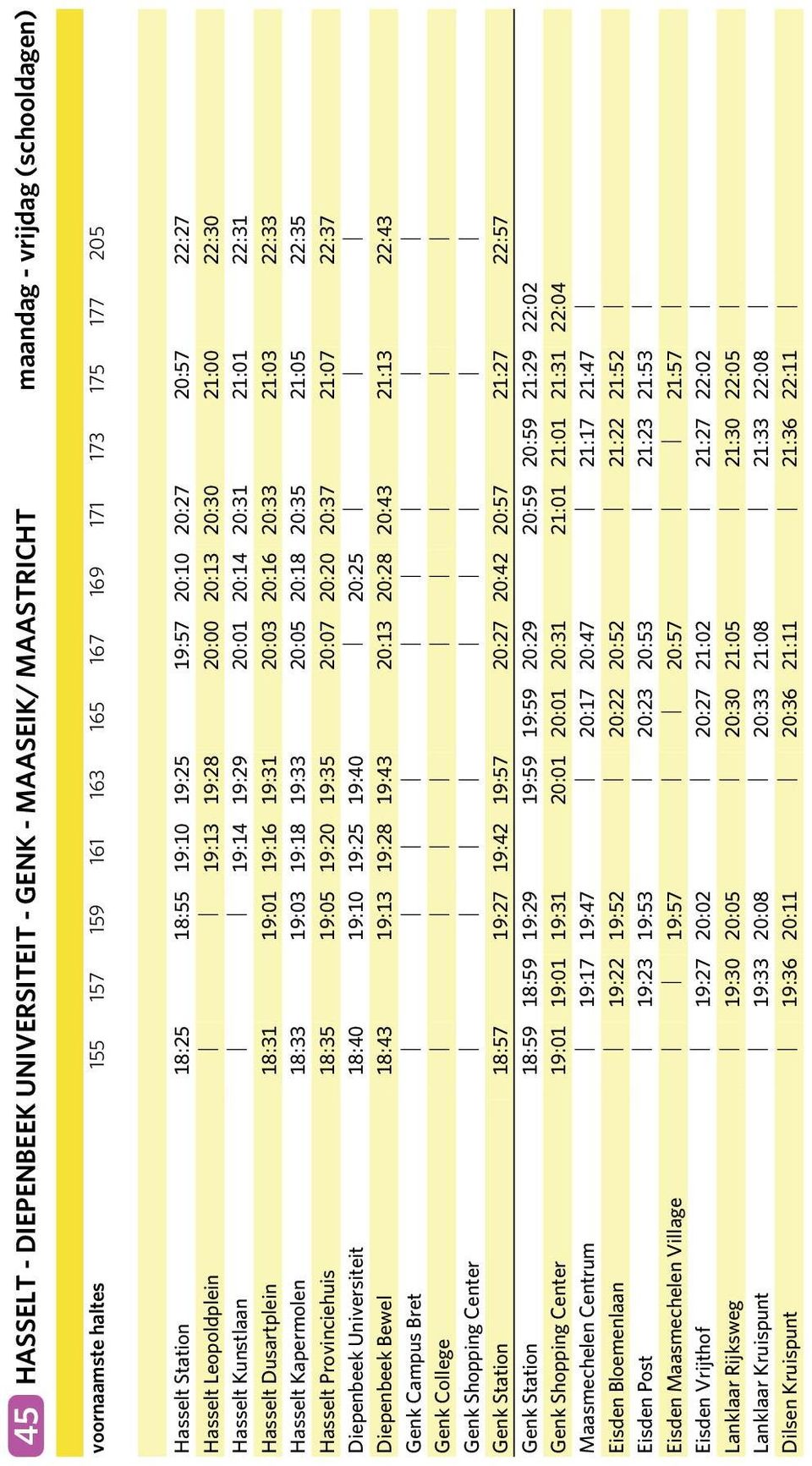 19:16 19:31 20:03 20:16 20:33 21:03 22:33 Hasselt Kapermolen 18:33 19:03 19:18 19:33 20:05 20:18 20:35 21:05 22:35 Hasselt Provinciehuis 18:35 19:05 19:20 19:35 20:07 20:20 20:37 21:07 22:37