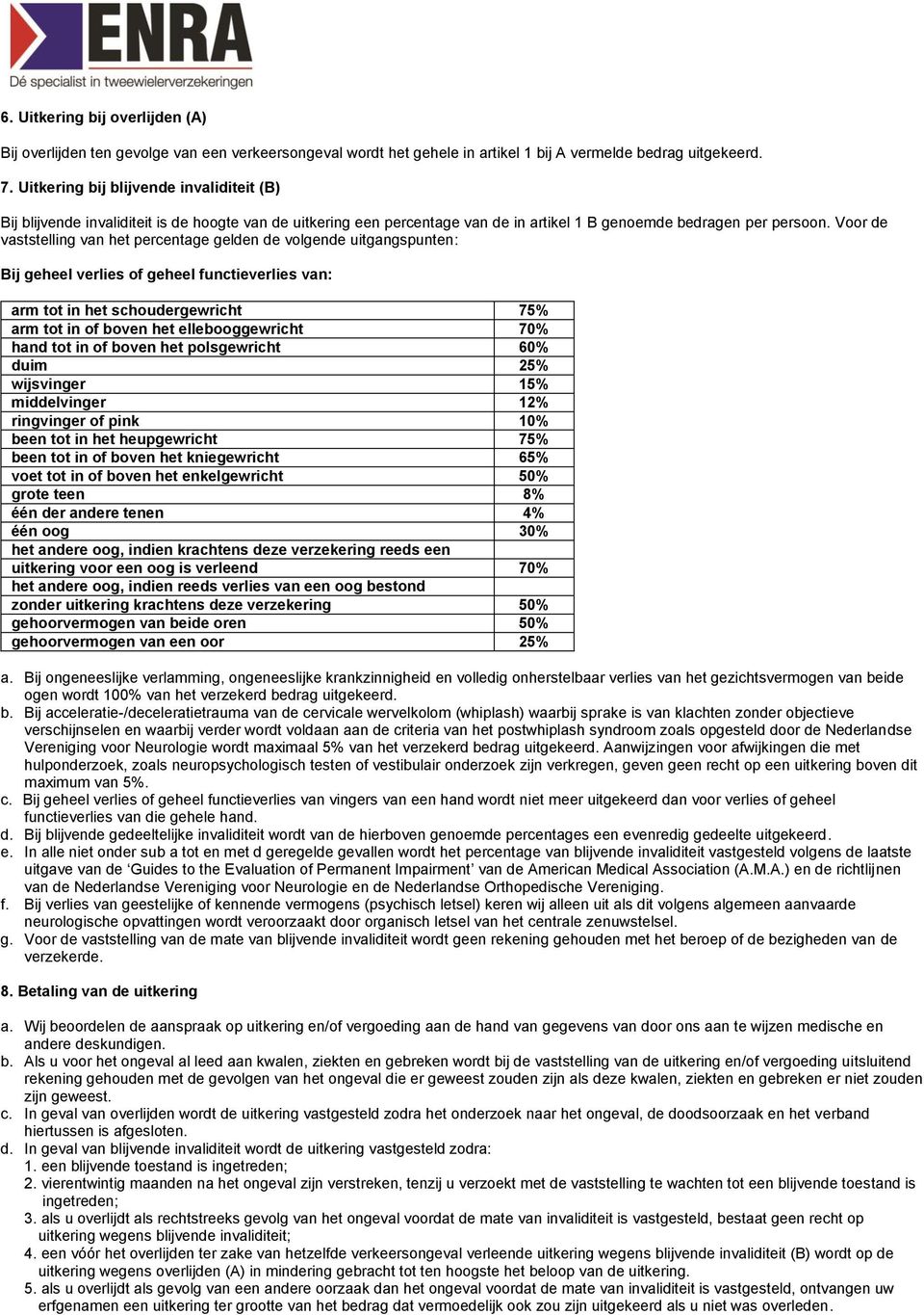 Voor de vaststelling van het percentage gelden de volgende uitgangspunten: Bij geheel verlies of geheel functieverlies van: arm tot in het schoudergewricht 75% arm tot in of boven het