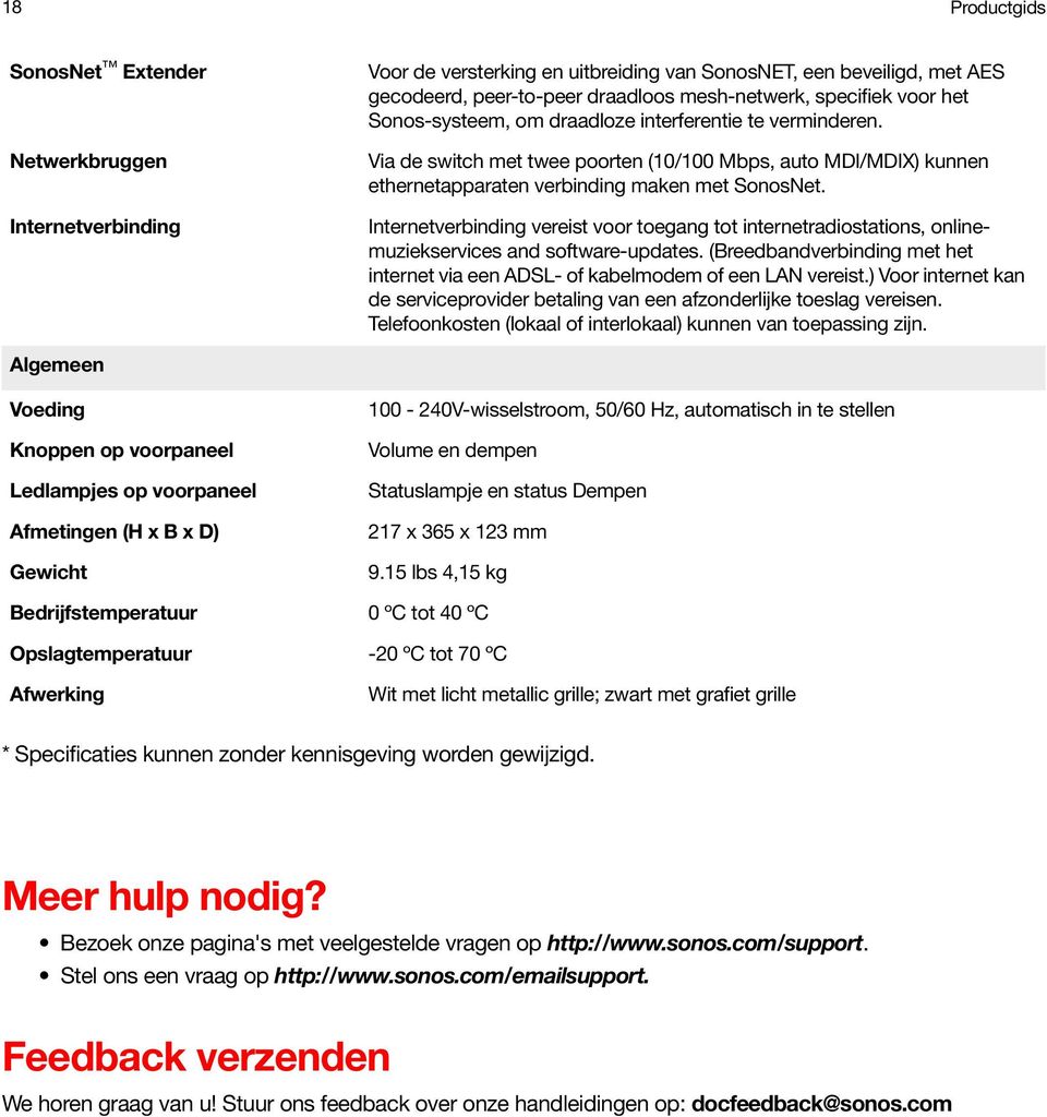 Internetverbinding vereist voor toegang tot internetradiostations, onlinemuziekservices and software-updates. (Breedbandverbinding met het internet via een ADSL- of kabelmodem of een LAN vereist.