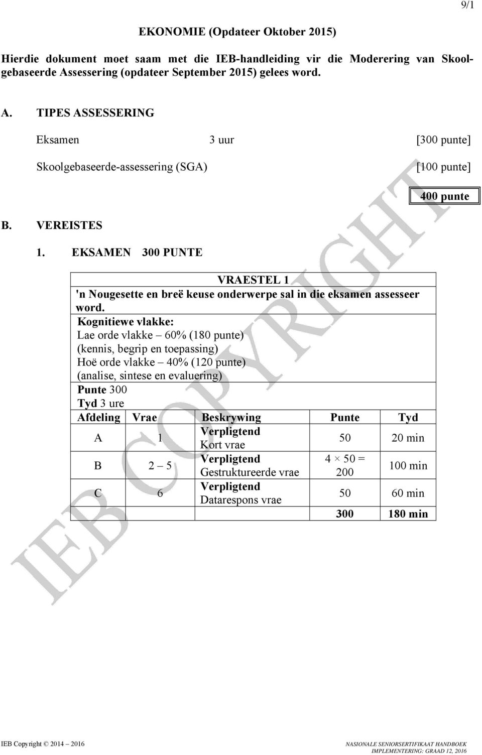 EKSAMEN 00 PUNTE VRAESTEL 1 'n Nougesette en breë keuse onderwerpe sal in die eksamen assesseer word.