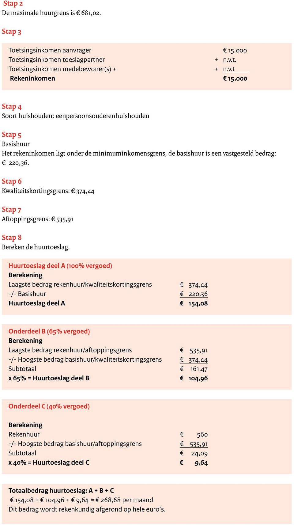 Stap 6 Kwaliteitskortingsgrens: 374,44 Stap 7 Aftoppingsgrens: 535,91 Stap 8 Bereken de huurtoeslag.