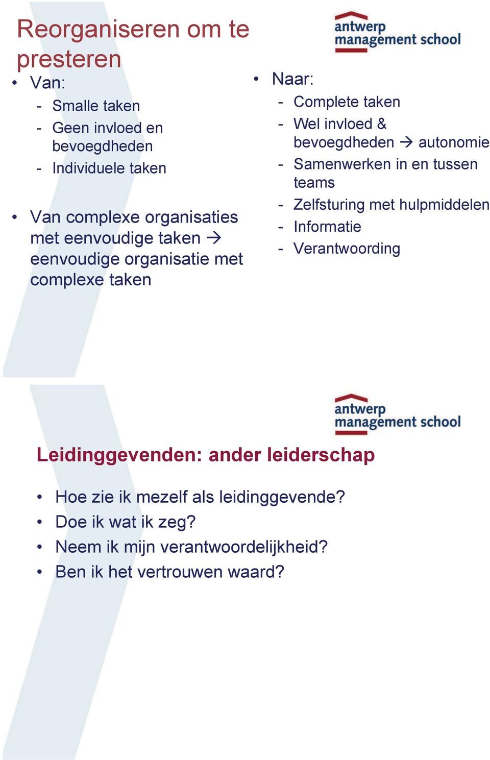 autonomie - Samenwerken in en tussen teams - Zelfsturing met hulpmiddelen - Informatie - Verantwoording Leidinggevenden: ander