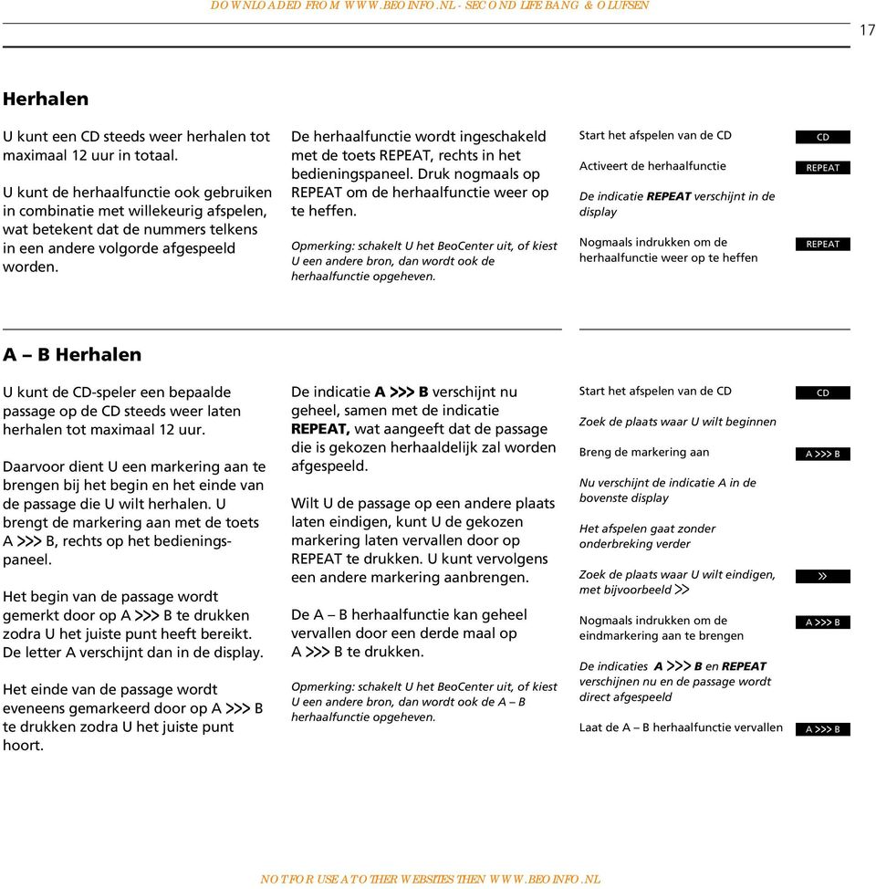 De herhaalfunctie wordt ingeschakeld met de toets REPEAT, rechts in het bedieningspaneel. Druk nogmaals op REPEAT om de herhaalfunctie weer op te heffen.