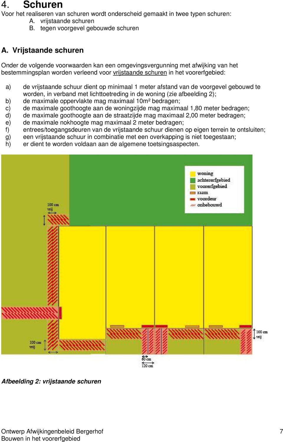 schuur dient op minimaal 1 meter afstand van de voorgevel gebouwd te worden, in verband met lichttoetreding in de woning (zie afbeelding 2); b) de maximale oppervlakte mag maximaal 10m² bedragen; c)