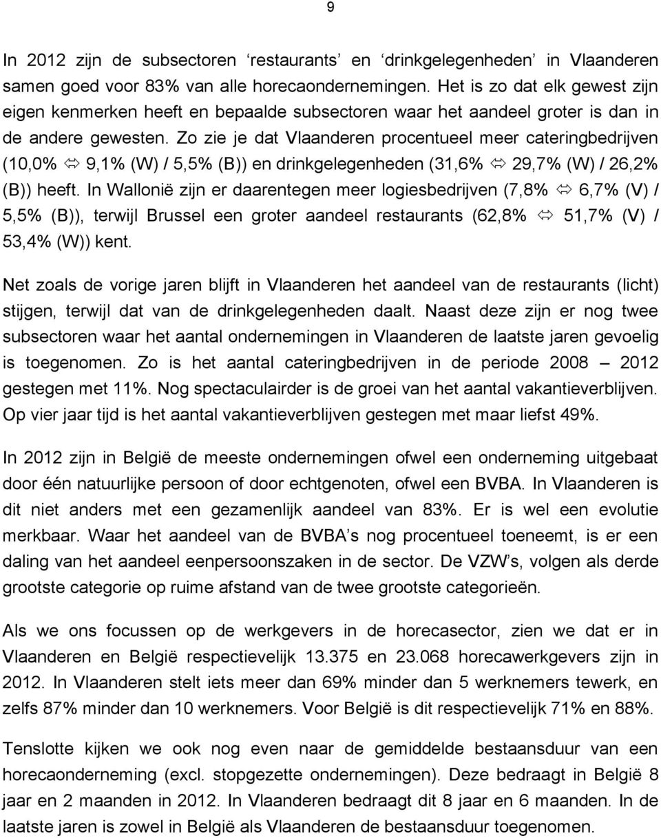 Zo zie je dat Vlaanderen procentueel meer cateringbedrijven (10,0% 9,1% (W) / 5,5% (B)) en drinkgelegenheden (31,6% 29,7% (W) / 26,2% (B)) heeft.