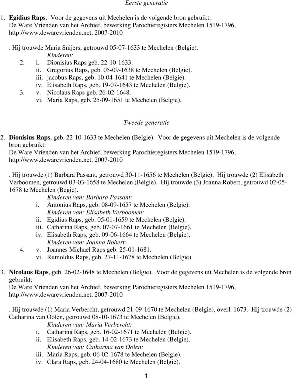 Nicolaus Raps geb. 26-02-1648. vi. Maria Raps, geb. 25-09-1651 te Mechelen (Belgie). Tweede generatie 2. Dionisius Raps, geb. 22-10-1633 te Mechelen (Belgie).