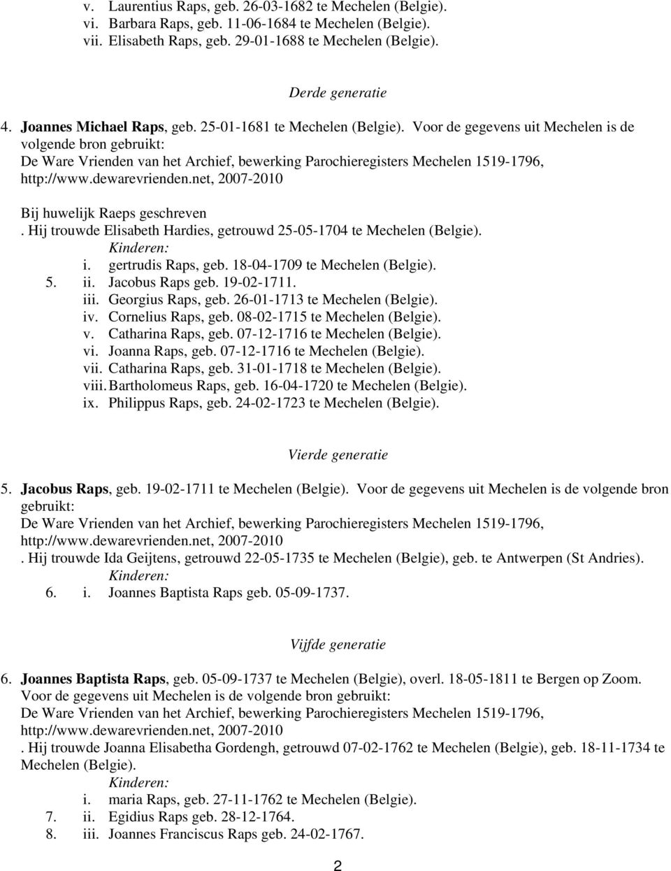 Hij trouwde Elisabeth Hardies, getrouwd 25-05-1704 te Mechelen (Belgie). i. gertrudis Raps, geb. 18-04-1709 te Mechelen (Belgie). 5. ii. Jacobus Raps geb. 19-02-1711. iii. Georgius Raps, geb.