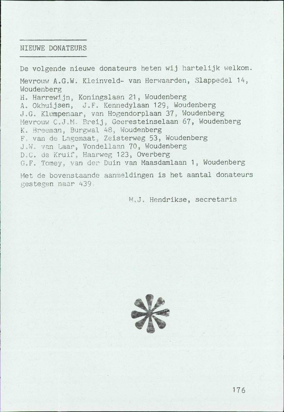 Breeman, Burgwal 48, Woudenberg F = van de Lagemaat, Zeisterweg 53, Woudenberg J,W, van Laar, Vondellaan 70, Woudenberg D.C. de Kruif, Haarweg 123, Overberg G.F. Tomey, van der Duin van Maasdamlaan 1, Woudenberg Met de bovenstaande aanmeldingen is het aantal donateurs gestegen naar 439.
