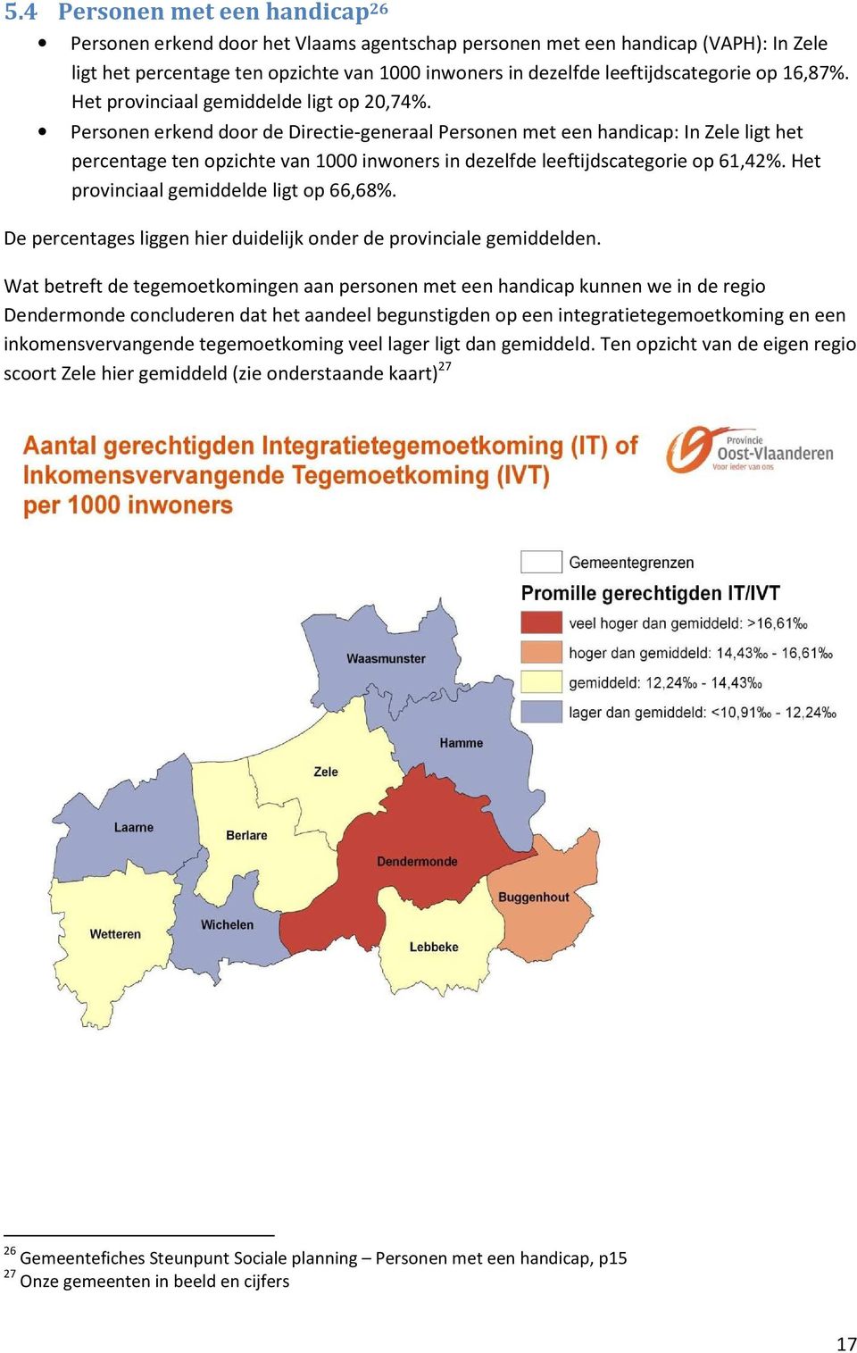 Personen erkend door de Directie-generaal Personen met een handicap: In Zele ligt het percentage ten opzichte van 1000 inwoners in dezelfde leeftijdscategorie op 61,42%.