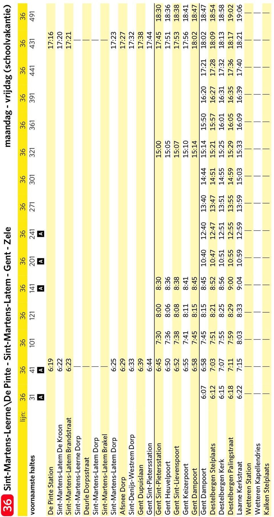 Brkel Sint-Mrtens-Ltem Dorp 6:25 17:23 Afsnee Dorp 6:29 17:27 Sint-Denijs-Westrem Dorp 6:33 17:32 Gent Dupuisln 6:39 17:38 Gent Sint-Pieterssttion 6:44 17:44 Gent Sint-Pieterssttion 6:45 7:30 8:00