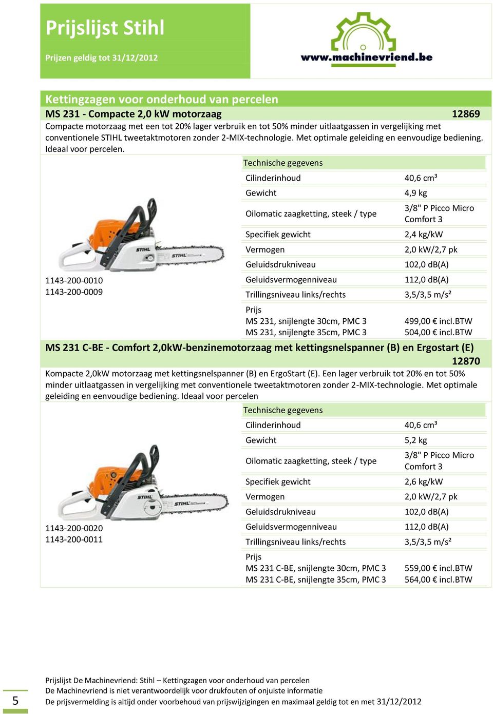 1143-200-0010 1143-200-0009 MS 231, snijlengte 30cm, PMC 3 MS 231, snijlengte 35cm, PMC 3 40,6 cm³ 4,9 kg 2,4 kg/kw 2,0 kw/2,7 pk 3,5/3,5 m/s² 499,00 incl.btw 504,00 incl.