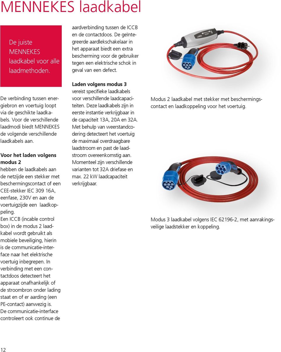 Voor het laden volgens modus 2 hebben de laadkabels aan de netzijde een stekker met beschermingscontact of een CEE stekker IEC 309 16A, eenfase, 230V en aan de voertuigzijde een laadkoppeling.