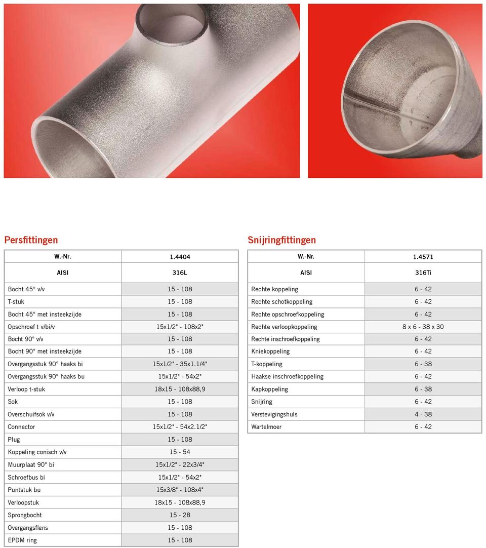 4571 AISI 316L AISI 316Ti Bocht 45 v/v 15-108 T-stuk 15-108 Bocht 45 met insteekzijde 15-108 Opschroef t v/bi/v 15x1/2" - 108x2" Bocht 90 v/v 15-108 Bocht 90 met insteekzijde 15-108 Overgangsstuk 90