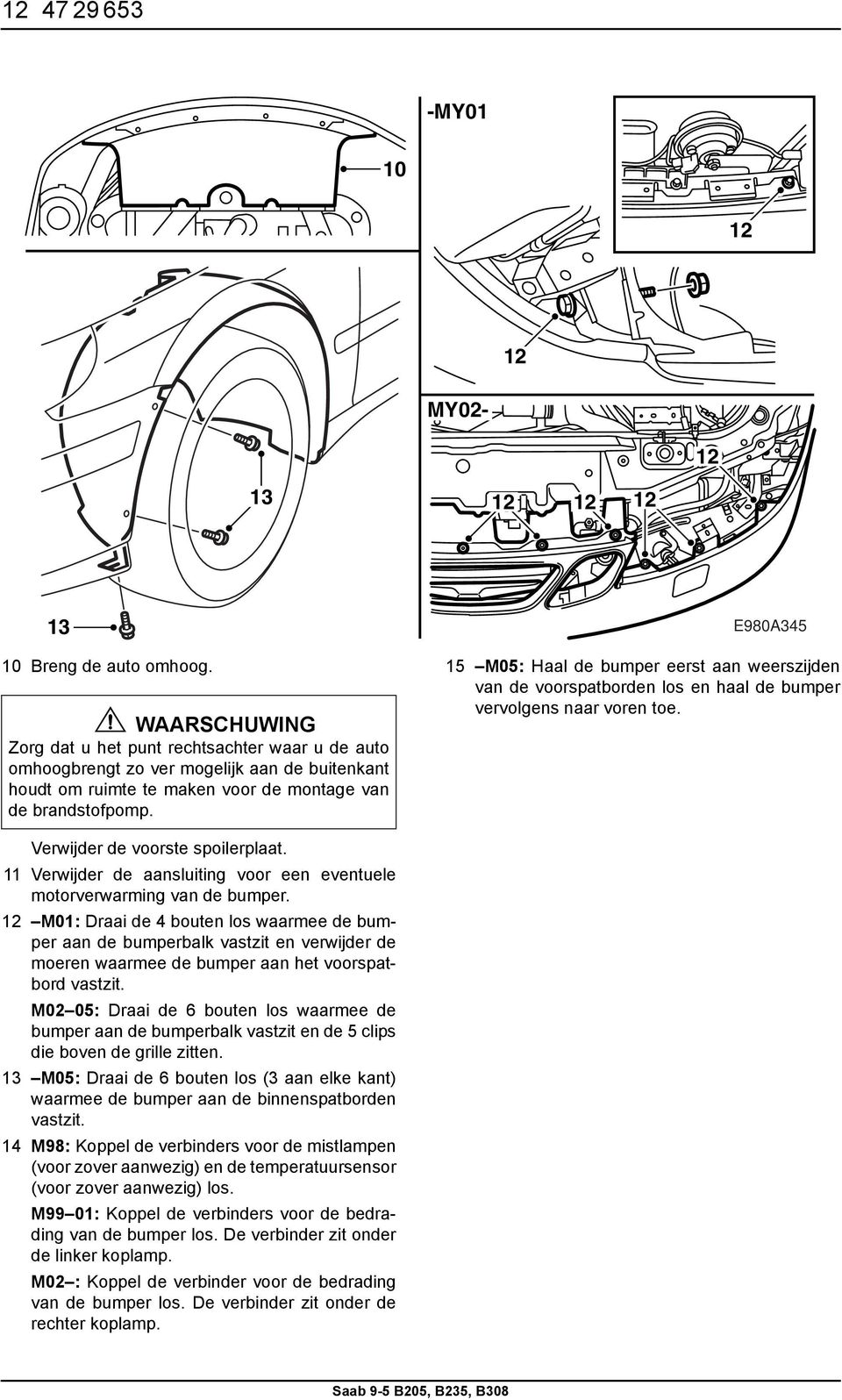 E980A345 15 M05: Haal de bumper eerst aan weerszijden van de voorspatborden los en haal de bumper vervolgens naar voren toe. Verwijder de voorste spoilerplaat.