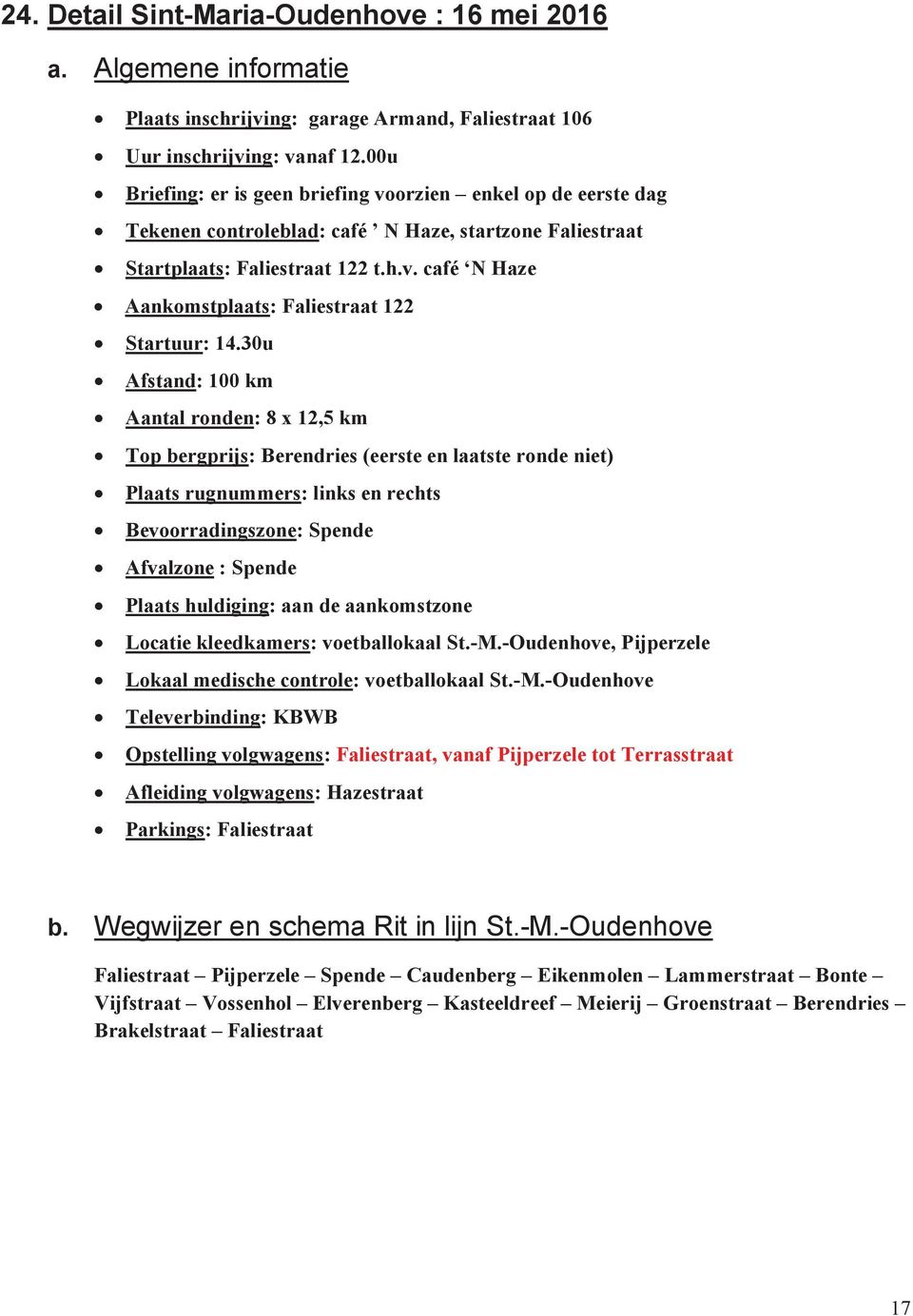 30u Afstand: 100 km Aantal ronden: 8 x 12,5 km Top bergprijs: Berendries (eerste en laatste ronde niet) Plaats rugnummers: links en rechts Bevoorradingszone: Spende Afvalzone : Spende Plaats