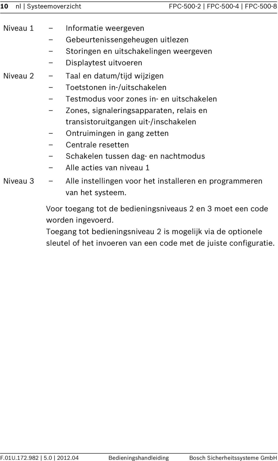 Centrale resetten Schakelen tussen dag- en nachtmodus Alle acties van niveau Niveau 3 Alle instellingen voor het installeren en programmeren van het systeem.