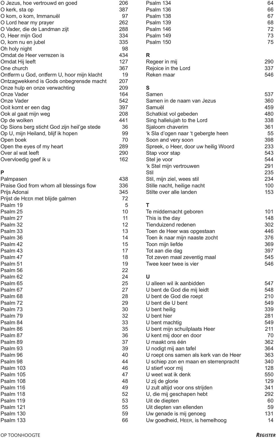 164 Onze Vader 542 Ooit komt er een dag 397 Ook al gaat mijn weg 208 Op de wolken 441 Op Sions berg sticht God zijn heil ge stede 36 Op U, mijn Heiland, blijf ik hopen 99 Open boek 70 Open the eyes