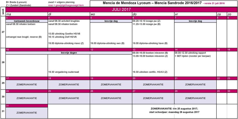 00 diploma-uitreiking havo (B) 10 11 12 13 14 15 16 lesvrije dagen 09.00-16.00 boeken inleveren (B) 09.00-12.30 uitreiking rapport 13.00-16.00 boeken inleveren (Z) + SET-lijsten (rooster per leerjaar) 28 19.