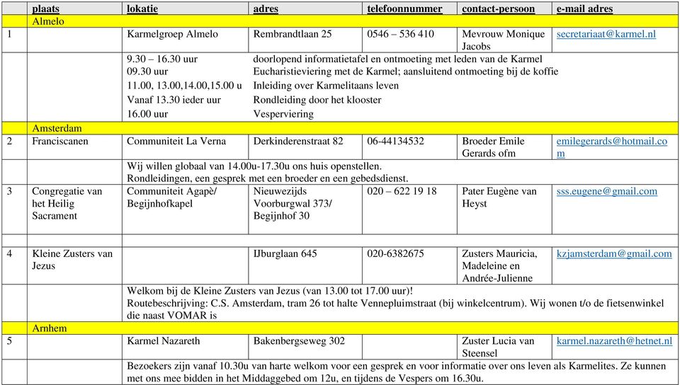 00 u Inleiding over Karmelitaans leven Vanaf 13.30 ieder uur Rondleiding door het klooster 16.