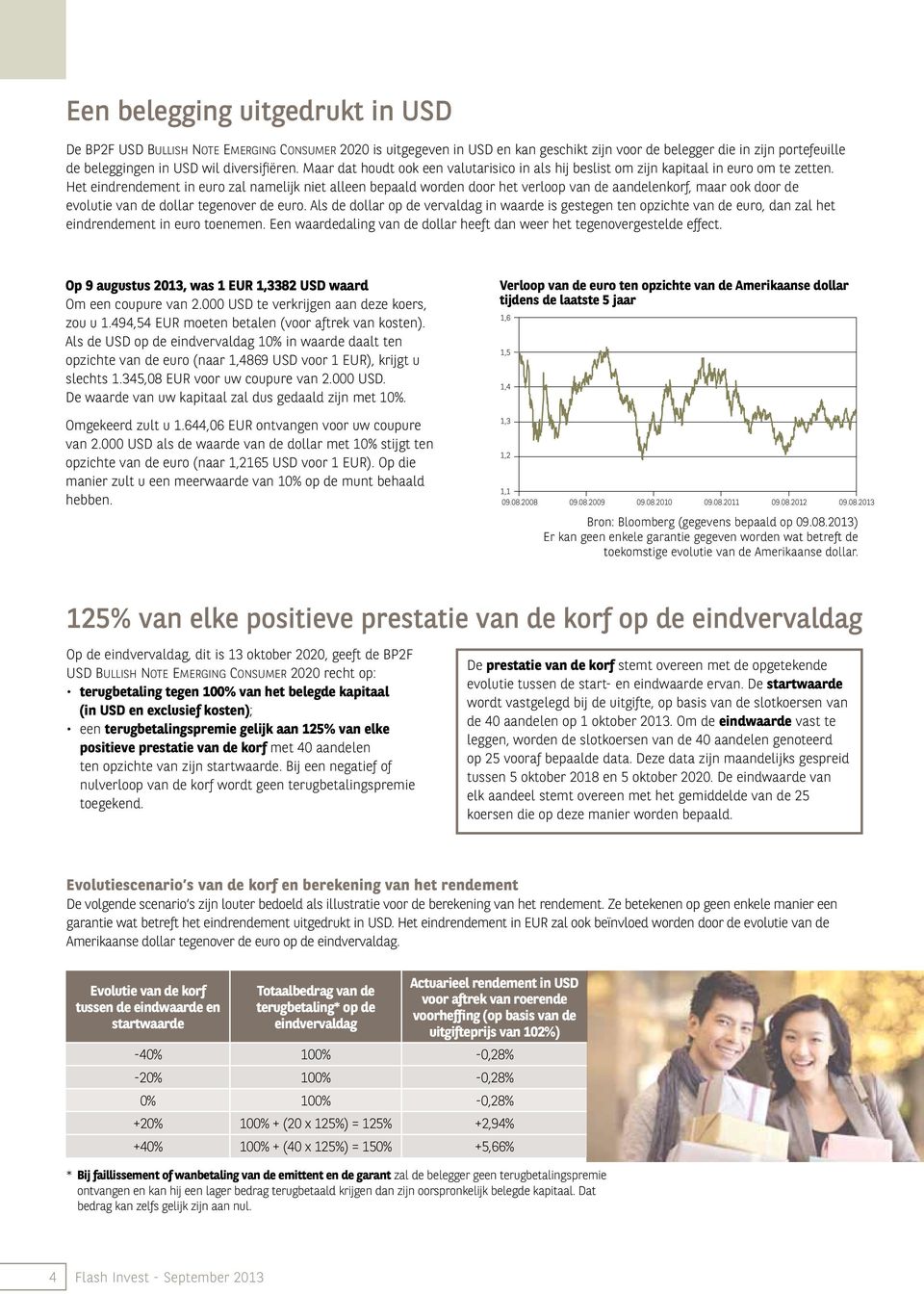 Het eindrendement in euro zal namelijk niet alleen bepaald worden door het verloop van de aandelenkorf, maar ook door de evolutie van de dollar tegenover de euro.