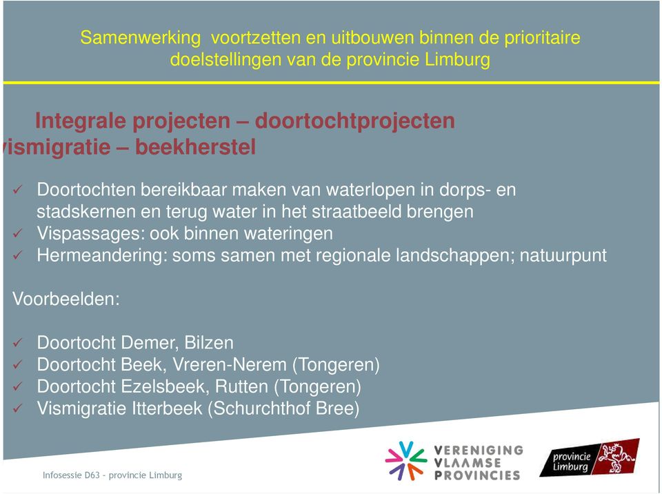 het straatbeeld brengen Vispassages: ook binnen wateringen Hermeandering: soms samen met regionale landschappen; natuurpunt