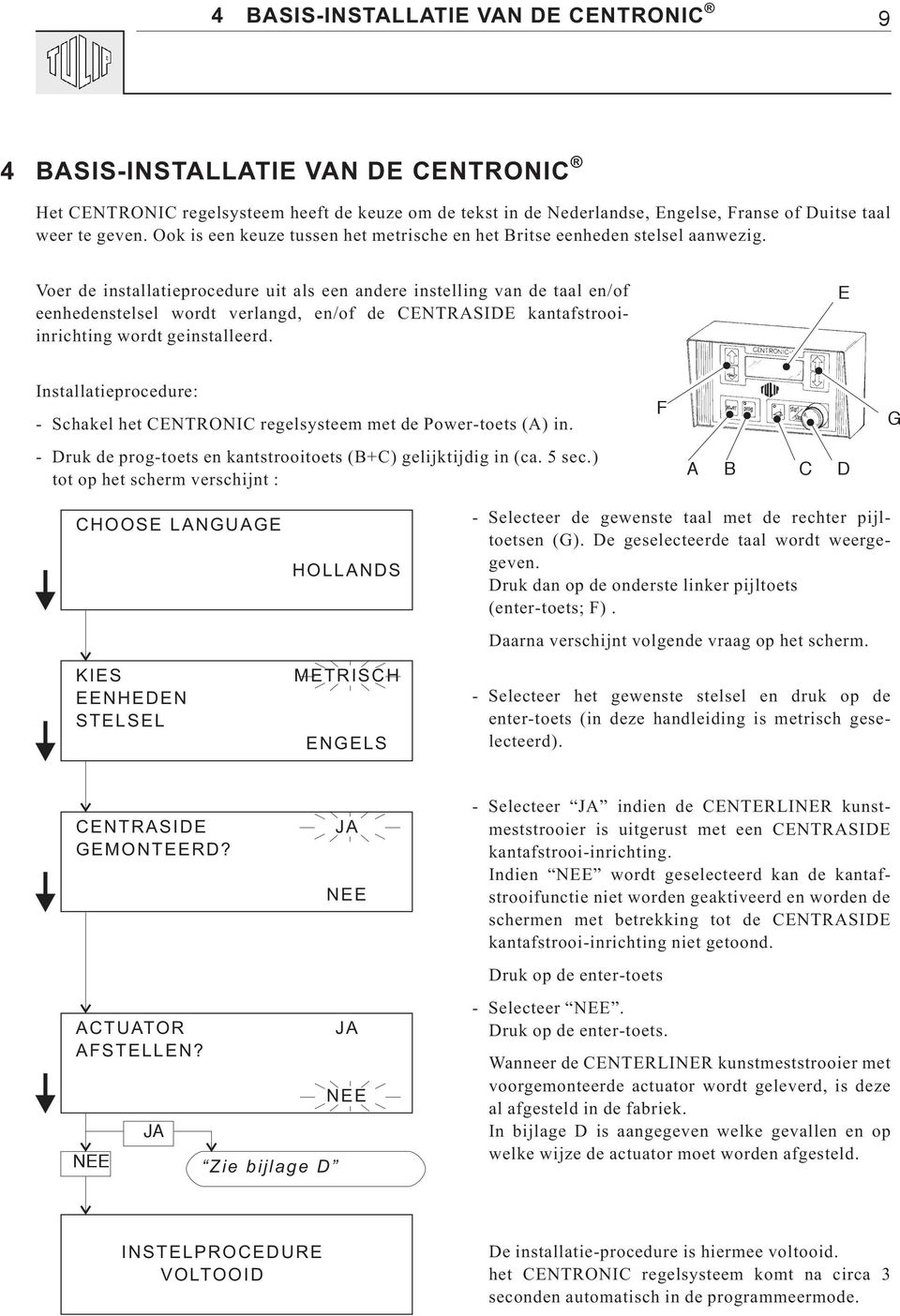 Voer de installatieprocedure uit als een andere instelling van de taal en/of eenhedenstelsel wordt verlangd, en/of de CENTRASIDE kantafstrooiinrichting wordt geinstalleerd.