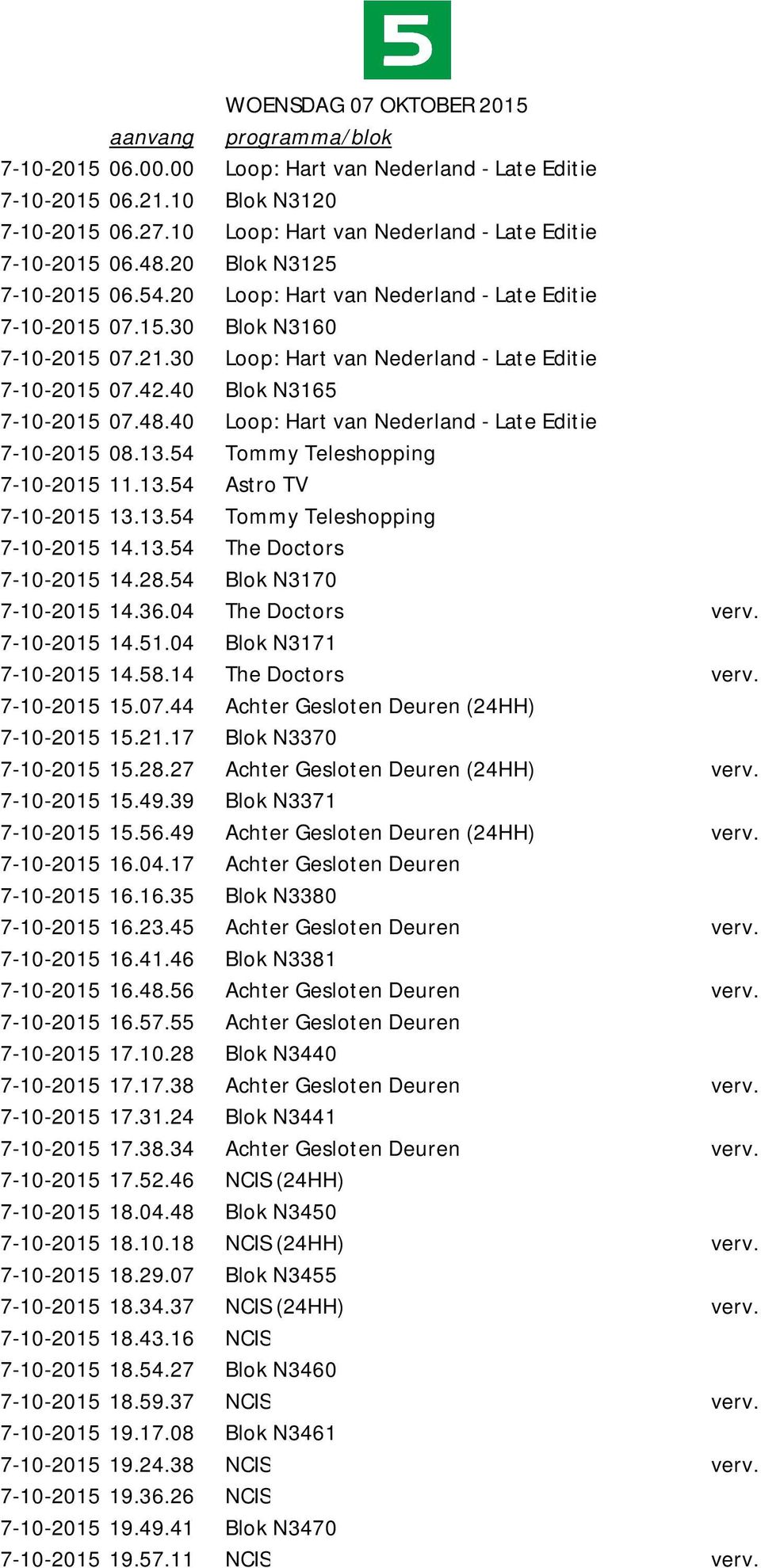 30 Loop: Hart van Nederland - Late Editie 7-10-2015 07.42.40 Blok N3165 7-10-2015 07.48.40 Loop: Hart van Nederland - Late Editie 7-10-2015 08.13.54 Tommy Teleshopping 7-10-2015 11.13.54 Astro TV 7-10-2015 13.