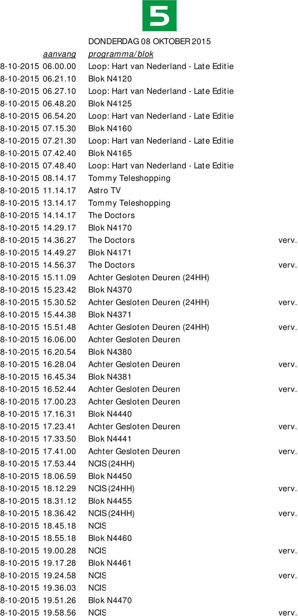 30 Loop: Hart van Nederland - Late Editie 8-10-2015 07.42.40 Blok N4165 8-10-2015 07.48.40 Loop: Hart van Nederland - Late Editie 8-10-2015 08.14.17 Tommy Teleshopping 8-10-2015 11.14.17 Astro TV 8-10-2015 13.