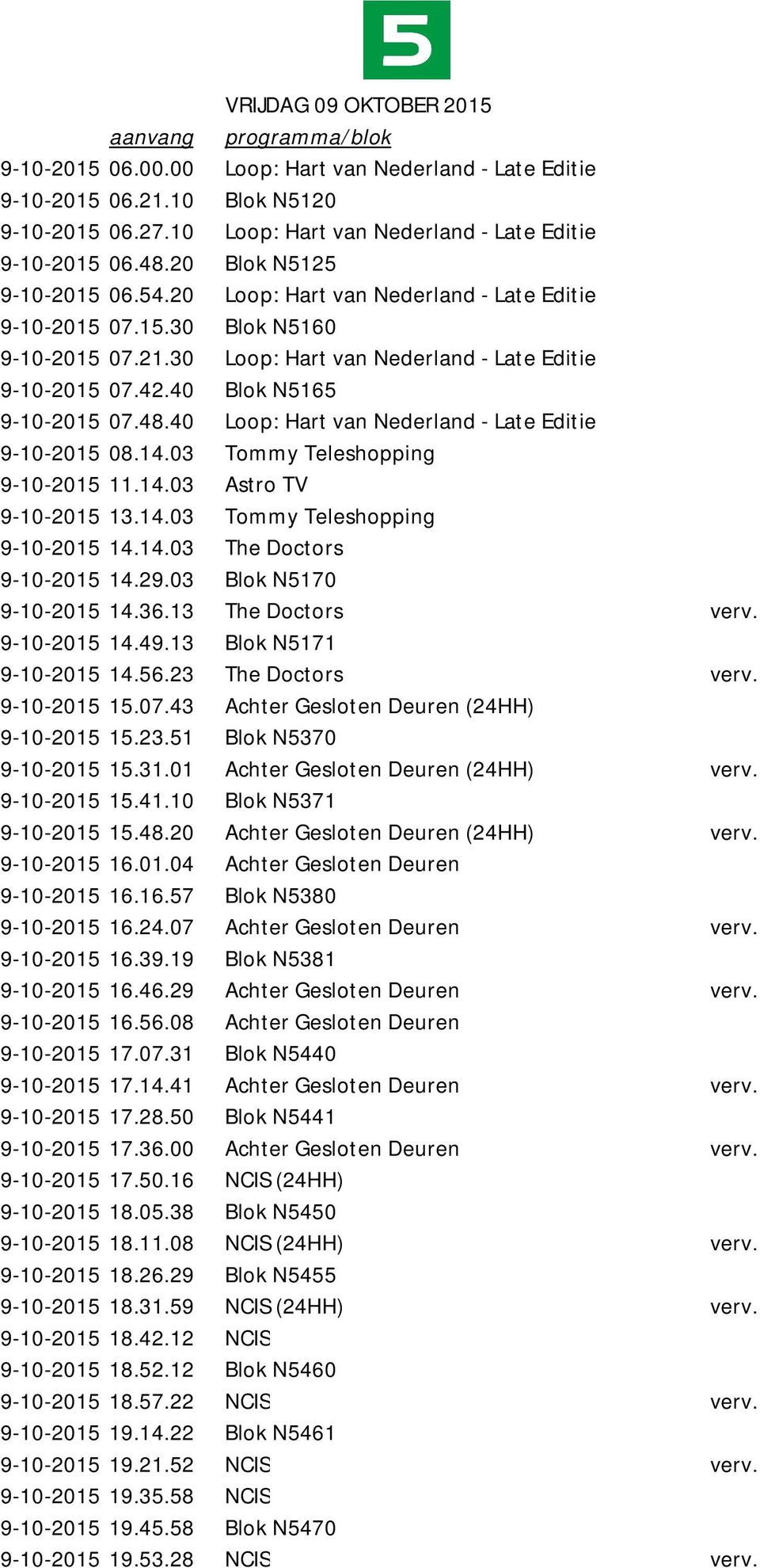 30 Loop: Hart van Nederland - Late Editie 9-10-2015 07.42.40 Blok N5165 9-10-2015 07.48.40 Loop: Hart van Nederland - Late Editie 9-10-2015 08.14.03 Tommy Teleshopping 9-10-2015 11.14.03 Astro TV 9-10-2015 13.