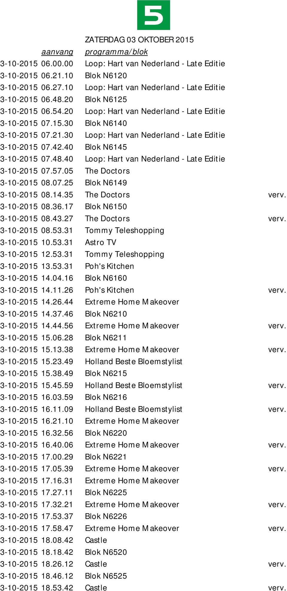 30 Loop: Hart van Nederland - Late Editie 3-10-2015 07.42.40 Blok N6145 3-10-2015 07.48.40 Loop: Hart van Nederland - Late Editie 3-10-2015 07.57.05 The Doctors 3-10-2015 08.07.25 Blok N6149 3-10-2015 08.