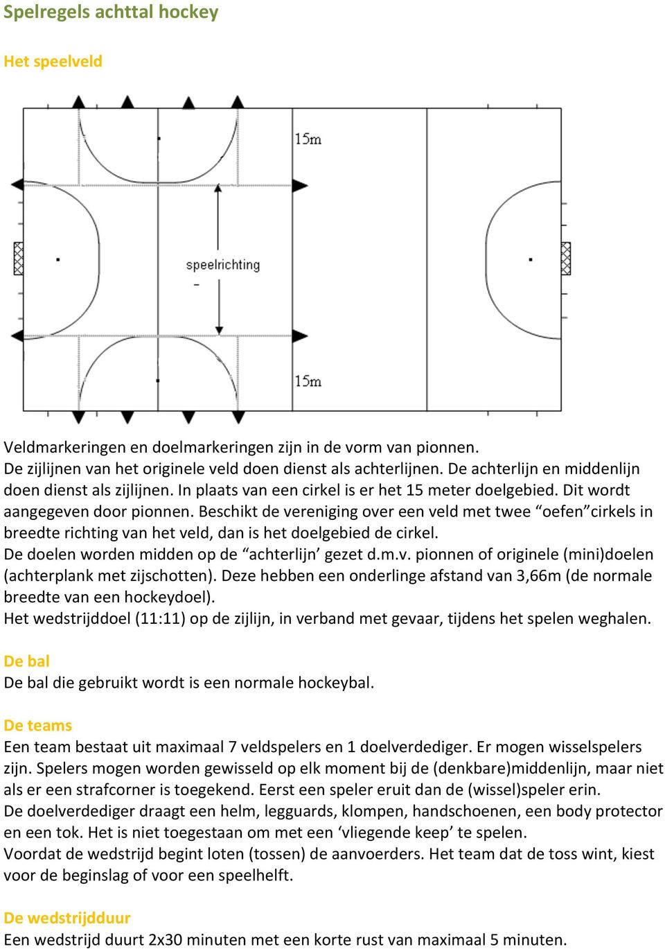 Beschikt de vereniging over een veld met twee oefen cirkels in breedte richting van het veld, dan is het doelgebied de cirkel. De doelen worden midden op de achterlijn gezet d.m.v. pionnen of originele (mini)doelen (achterplank met zijschotten).